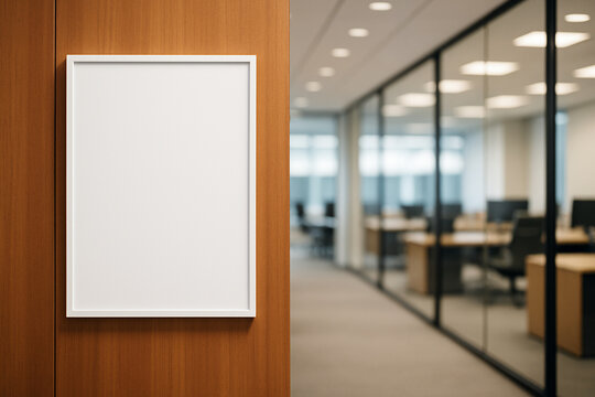 Blank picture frame mockup, modern office interior, wood panel wall background, corporate workspace design, professional business template, empty frame for copy space