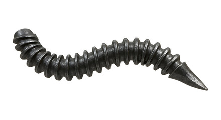 FARMING - Close-up of a black metal screw with sharp tip and threaded body isolated on white background, perfect for construction and DIY projects