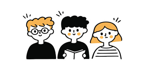 In this illustration, three figures stand together, their expressions hinting at a shared experience or connection. The simple.