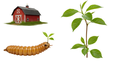 FARMING - Cartoon illustration of a red barn, a green tree sapling, and a brown caterpillar on white background, perfect for educational and agricultural content