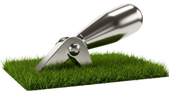 FARMING - Close-up of a metal garden weeder tool on green grass, perfect for gardening and lawn care projects