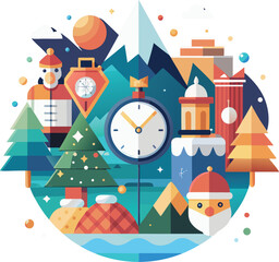 Ultra minimal colourful flat icons of Christmas tree, turkey, Santa, pumpkin gift box, countdown clock, fireworks.