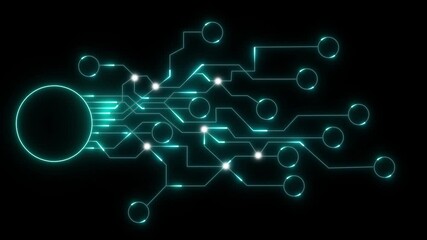 Glowing Cyan Circuit Board Network on Black Background technology digital. Circuit board with glowing cyan neon lines showing digital network connectivity and futuristic technology concept. - Powered by Adobe