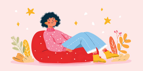 An illustration captures a moment of peaceful relaxation, a person resting comfortably in a beanbag chair amidst a scene of serene. The art highlights themes of tranquility and rest.