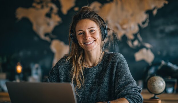 Smiling woman with headphones working on laptop. World map backdrop - Powered by Adobe