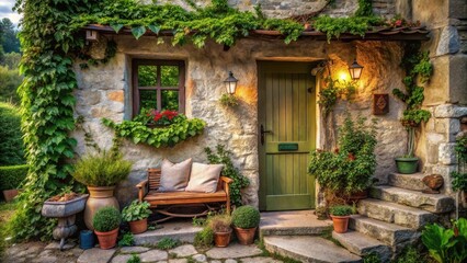 Obraz premium Rustic stone cottage with inviting porch, adorned with lush greenery and charming wooden bench