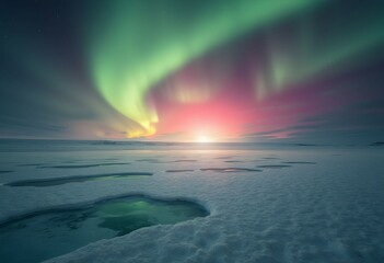 Naklejka premium Aurora's Embrace: Vibrant Lights Over a Frozen Polar Landscape