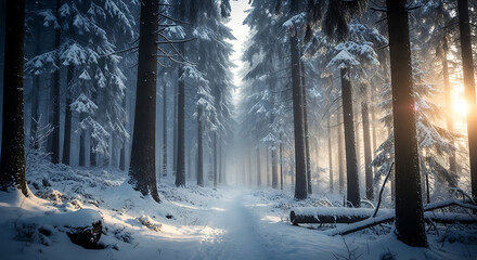 Snowy forest path lined with tall trees and sunlight shining through the branches creating a serene scene ai generated