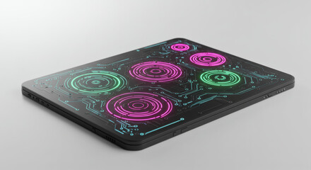 Futuristic smart device with a glowing digital interface displaying circular patterns on a circuit board, symbolizing data processing and innovation