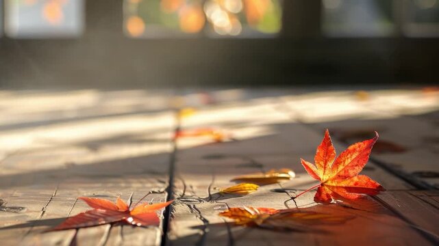 A single leaf lies flat on a wooden floor, details visible