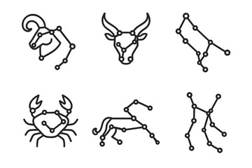 Obraz premium Zodiac constellations: capricorn, taurus, virgo, cancer, sagittarius, gemini symbols