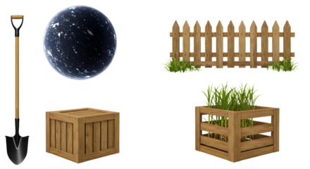 FARMING - Garden shovel, black compost bin, wooden crate, wooden flower box with green plants, and wooden fence isolated on white background, perfect for gardening projects