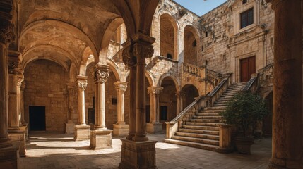 sunlit stone courtyard ancient columns