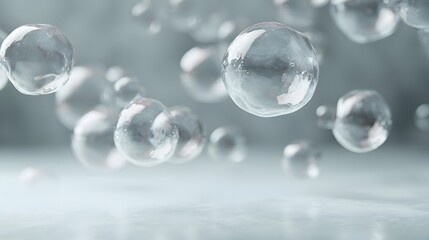 Transparent bubbles gently float in a soft bright studio setting