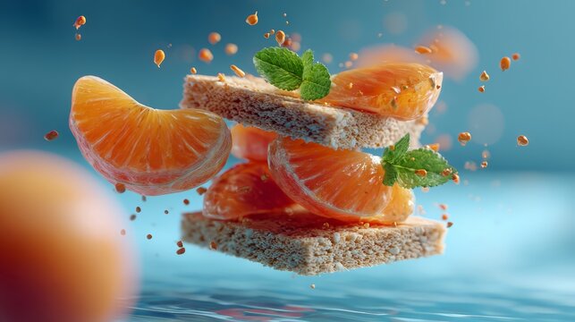 A floating stack of food components is great for food and culinary art advertising, as well as promoting snacks, fruit, crackers, healthy eating, and food photography skills.