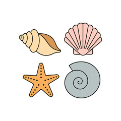 A colorful collection of four cartoon sea life illustrations including a starfish and various seashells.