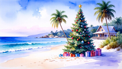 tropical beach with palm trees and sea. christmas tree on the beach