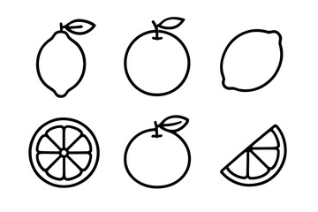 Outline icons of citrus fruits: lemon, orange, and lime in black and white