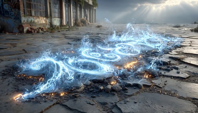 Plasma-blue neon symbols pulsing over dusty concrete slab background