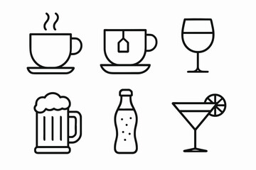 Icon set of beverages: coffee, tea, wine, beer, soda, cocktail