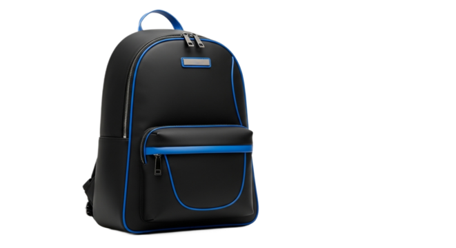 Black and blue backpack isolated on transparent background for school or travel