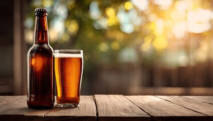 Beer bottle and glass on a wooden table outdoors