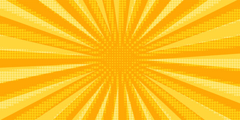 Retro orange sun rays on yellow halftone pattern background. Dotted or noise texture. Bright pixel art comic and pop-up design. Vector wall for poster, banner, advertising. Eps10