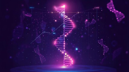 Glowing dna helix rotating on futuristic background with charts and graphs - Powered by Adobe