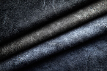 Fototapeta premium Dark gray and blue leather swatches rolled elegantly showcasing texture and color variations