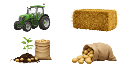 FARMING - Green tractor, hay bale, potato plant with soil, and burlap sack of potatoes isolated on white background, agricultural equipment and farming products