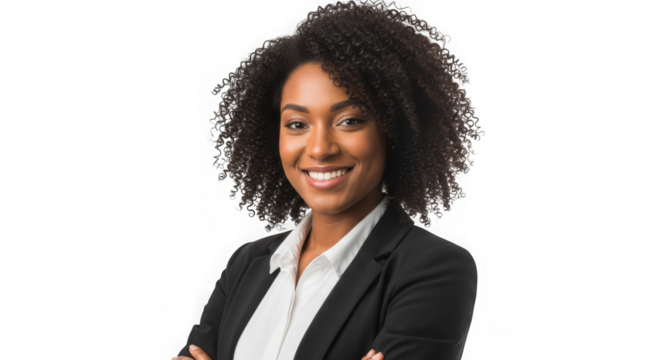 Confident black woman business professional smiling arms crossed professional attire transparent background