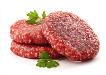 Three raw beef patties stacked, garnished with fresh parsley, on a white background