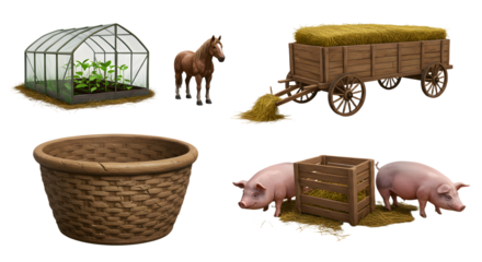FARMING - Greenhouse with plants, brown horse, wooden hay cart, woven basket, and two pigs feeding from a wooden trough on white background, farm animals and equipment