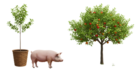 FARMING - Growth stages of apple tree from seedling to mature tree with ripe fruit and pig standing beside, agriculture and farming concept
