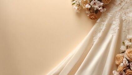 Wedding dress and flowers on beige background