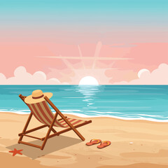 A relaxing beach scene with a striped deck chair straw hat and flipflops on the sand during a beautiful ocean sunrise.
