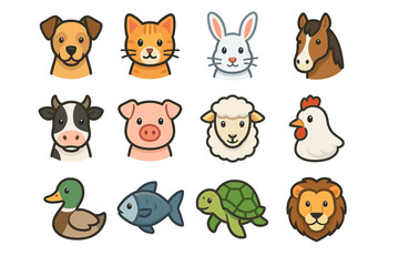 Cute cartoon animal icons featuring farm and wild creatures