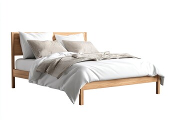 Light-wood queen bed with linens