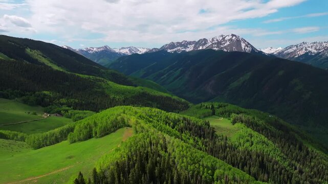 AJAX Aspen Mountain backcountry spring summer Rocky Mountain Conundrum Creek Castle Peak aerial drone Ashcroft Little Annie Trail Basin 4wd road morning blue sky cabins Aspen trees grove circle left