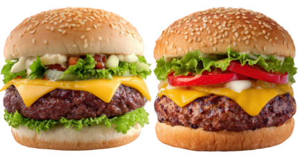 Two Juicy Cheeseburgers with Melted Cheese and Fresh Toppings