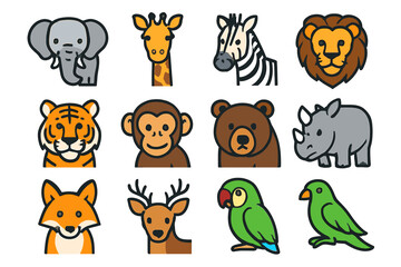 Fototapeta premium Colorful cartoon animal faces with elephant, giraffe, zebra, lion, and more