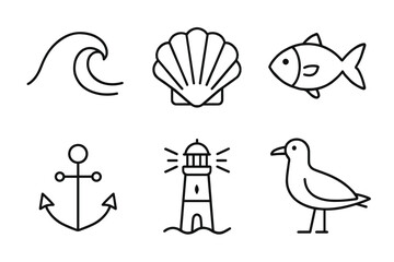 Fototapeta premium Minimalist nautical icons featuring wave, shell, fish, anchor, lighthouse, and seagull
