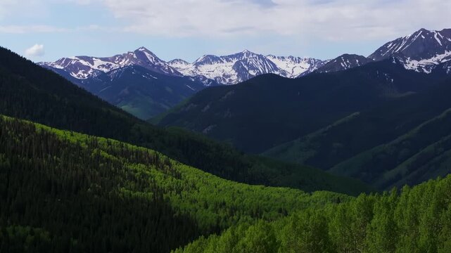 Aspen Mountain Ajax Little Annie Trailhead aerial drone Colorado Rocky Mountains Elk Range Aspen Trees grove Ashcroft Mountain spring summer morning blue sky clouds parallax circle right motion