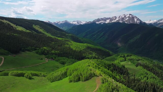 AJAX Aspen Mountain backcountry spring summer Rocky Mountain Conundrum Creek Castle Peak aerial drone Ashcroft Little Annie Trail Basin 4wd road morning blue sky cabins Aspen trees grove circle right