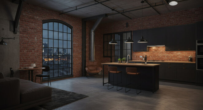 An industrial loft apartment in a converted factory: exposed red brick walls, a polished concrete floor, a large black steel-framed window, and a sleek modern kitchen island. Moody evening lighting