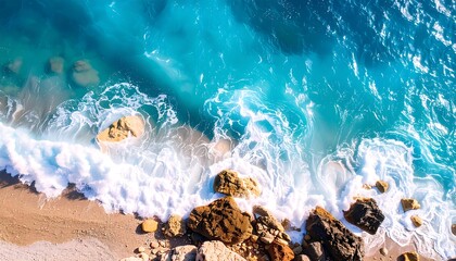 High-angle view of ocean waves crashing on a sandy shore.  Waves, rocks, sand