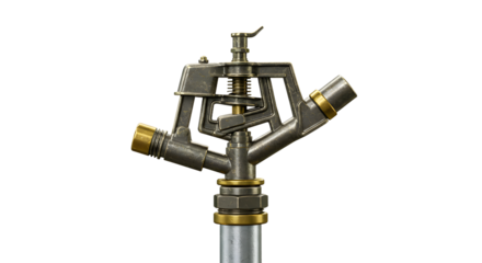 FARMING - Close-up of a metal garden sprinkler head isolated on white, irrigation tool for lawn and garden watering