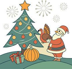 Papercut layered 3D effect illustration of Christmas tree with candles, turkey on pumpkin, Santa with gifts, and fireworks in the background.