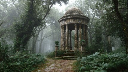 misty forest ancient stone temple