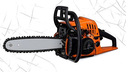 Orange chainsaw against a white background with abstract spiderweb pattern